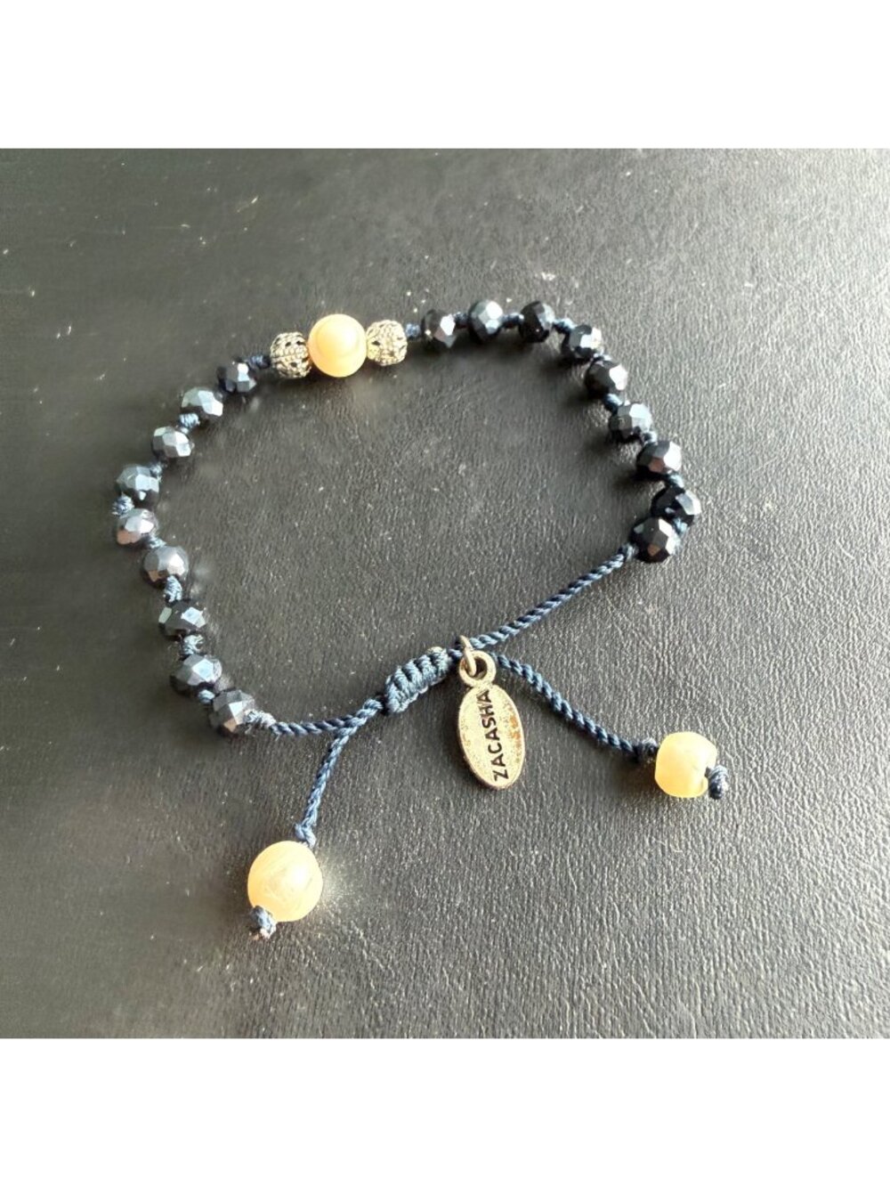 Zacasha Bracelet Black Metallic Faceted Beaded Pearls Boho Adjustable Cord